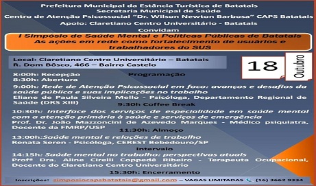 Estão abertas inscrições para o 1º Simpósio de Saúde Mental e Políticas Públicas de Batatais