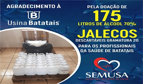 Usina Batatais faz doação de álcool e jalecos para a saúde pública