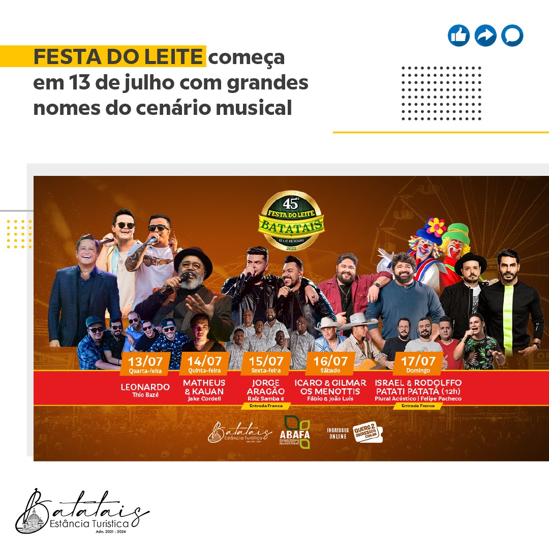 Festa do Leite começa em 13 de julho com grandes nomes do cenário musical.