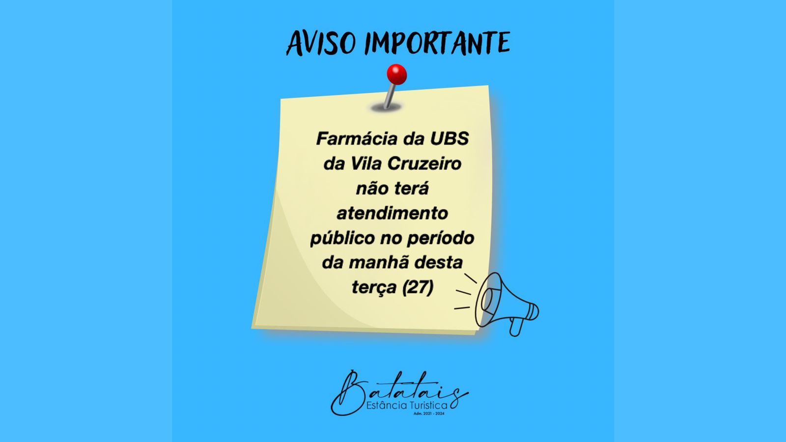 Comunicado: Farmácia da UBS da Vila Cruzeiro não terá atendimento público no período da manhã desta terça (27)